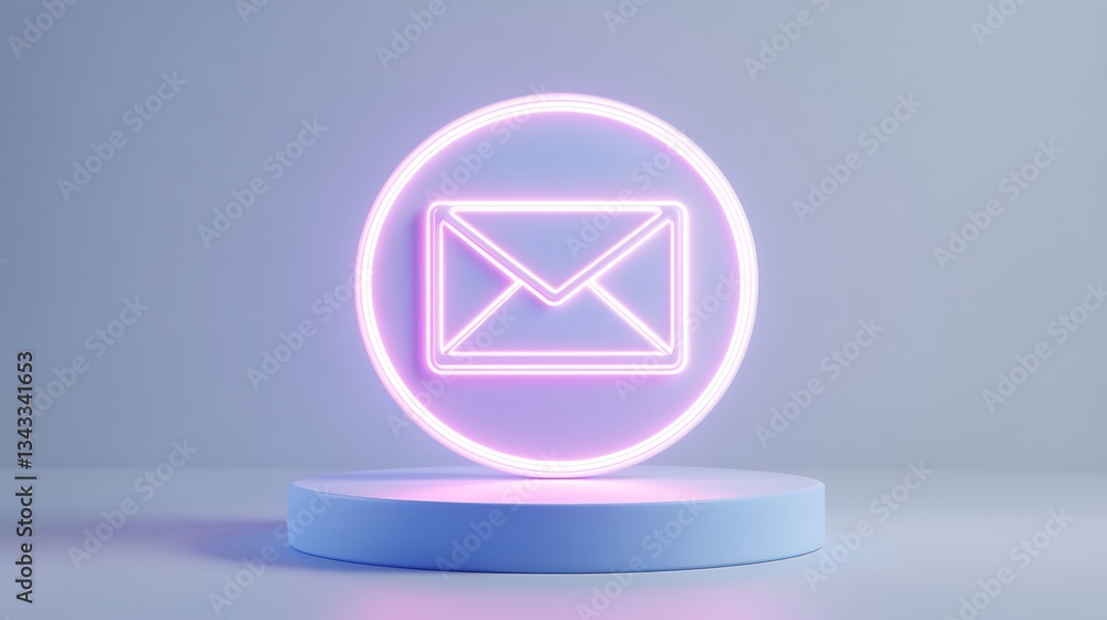 Poster neon email icon in circular frame on minimalist blue display for modern digital communication concep