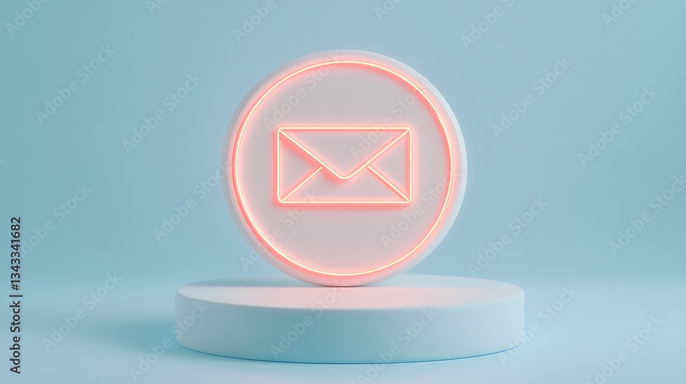 Poster neon email icon in circular frame with soft blue background for digital communication and technology