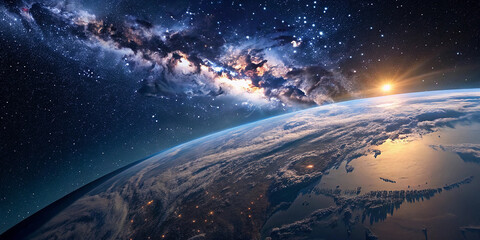 Fototapeta premium Milky Way galaxy view with Earth and a stunning sunrise from space