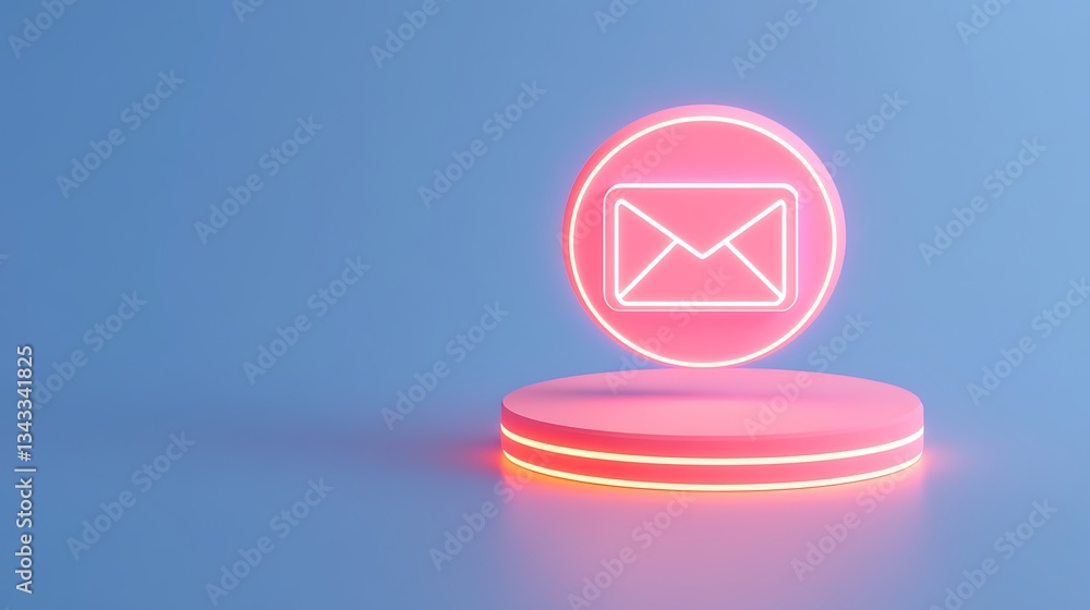 Aufkleber neon email icon on a circular platform with soft blue background and glowing elements for digital de