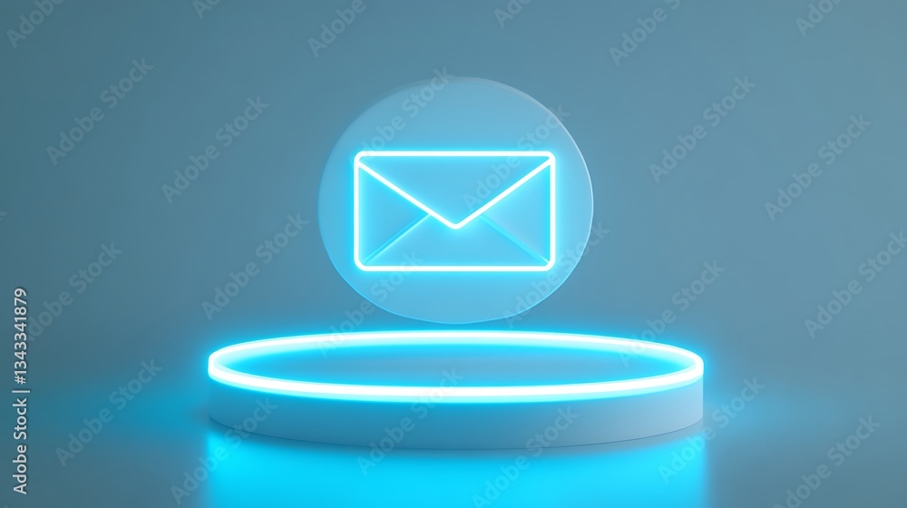 Poster neon email icon on a floating platform with soft blue background for digital communications and tech