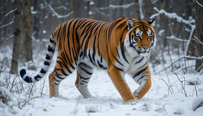 Obraz premium magnificent tiger walking through a snowy forest landscape