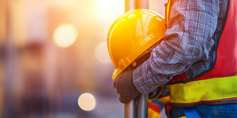 Construction worker securing scaffolding, ensuring site safety protocols