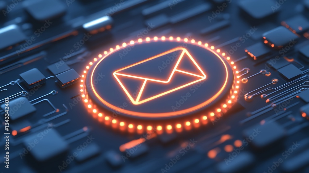 Poster neon email icon on circuit board background for digital communication and modern technology concepts