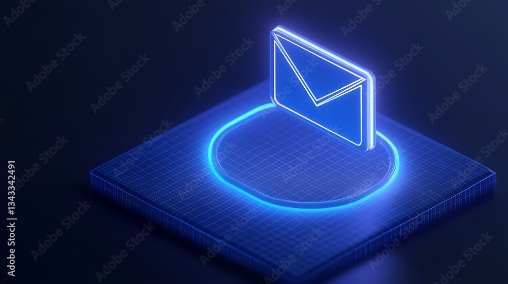 Poster neon email icon on digital background representing communication and technology concepts in modern d