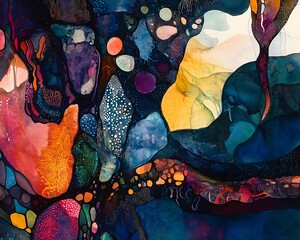 Abstract Watercolor Ink Painting with Organic Shapes and Deep Colors