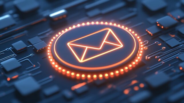 Neon Email Icon on Circuit Board Background for Digital Communication and Modern Technology Concepts