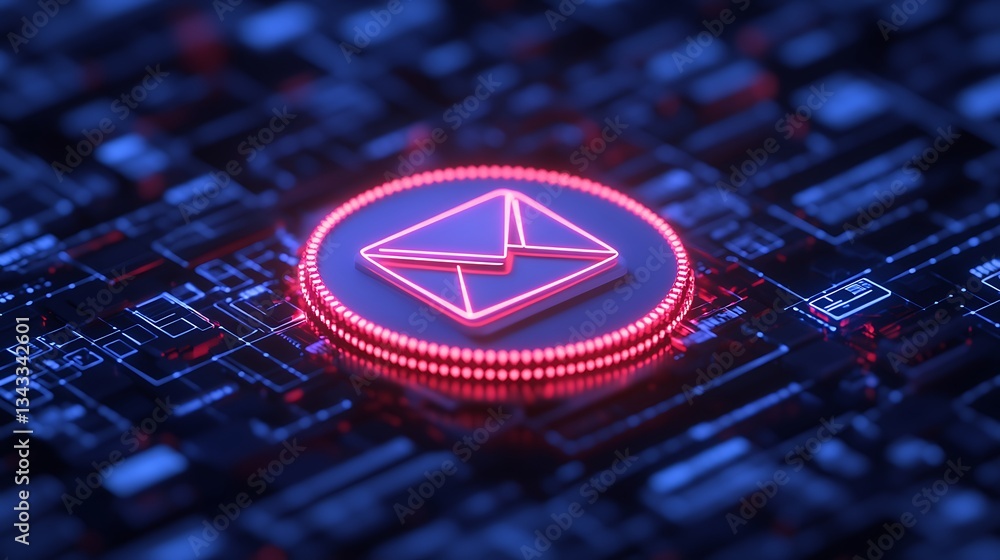 Poster neon email icon on digital circuitry background with glowing elements and technological vibes