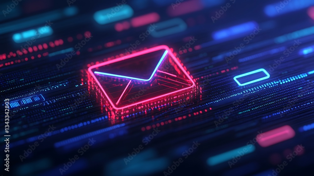 Aufkleber neon email icon on futuristic digital background with glowing lines and data streams in blue and pin
