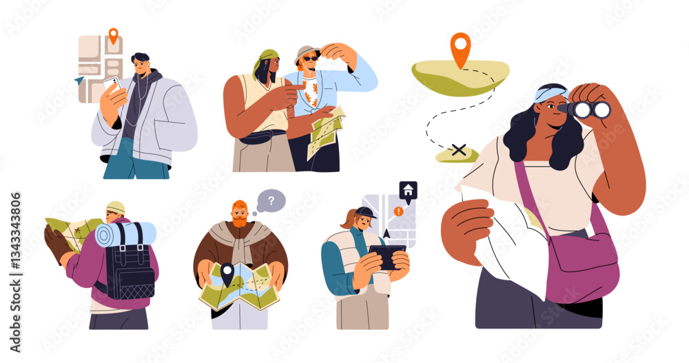 Poster people look for way on map set. tourists are lost in journey, search route, direction with gps on ph
