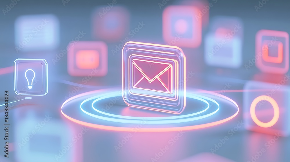 Poster neon email icon surrounded by various communication and technology symbols in a modern digital conte