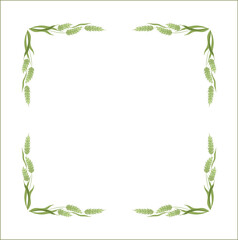 Elegant green ornamental frame with unripe cereal spikelets, wheat ears, decorative border, corners for greeting cards, banners, business cards, invitations, menus. Isolated vector illustration.	