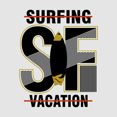 sf surfing vacation theme with surfboard and patterns, illustration vector style, letters style