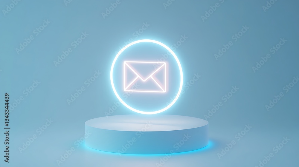 Poster neon email icon with circular light effect on modern platform for communication and digital connecti