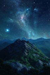 Night sky over mountain peaks; starry Milky Way; nature; peaceful landscape; stock photo