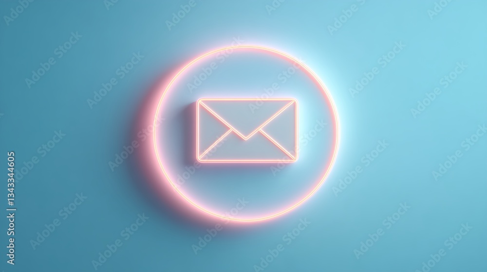 Poster neon email icon with glow on a light blue background for digital communication and messaging concept