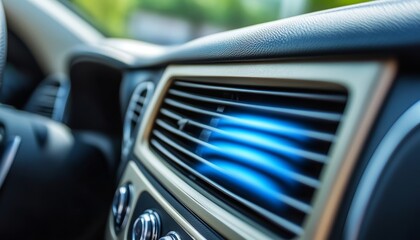 Car Interior Detail Close Up of Modern Car Air Conditioner Vents with Blue Airflow Visualization.