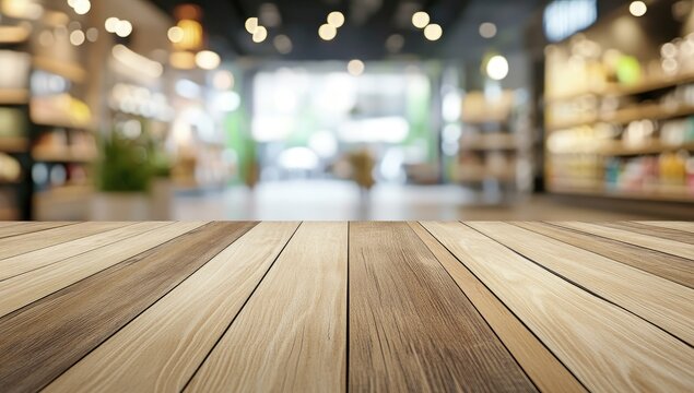 Wooden table top, blurred store background