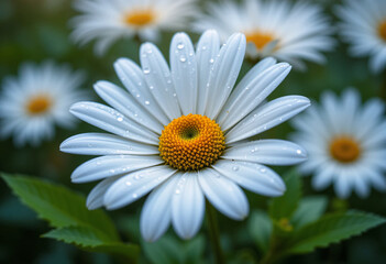 Beautiful White Daisy Flowers with Dew Drops Fresh Nature, Spring Bloom, Floral Photography, Macro Close-up, Green Background