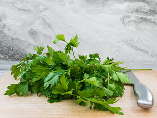 Close-up of a bunch of fresh parsley on a cutting board and a knife with a stainless handle