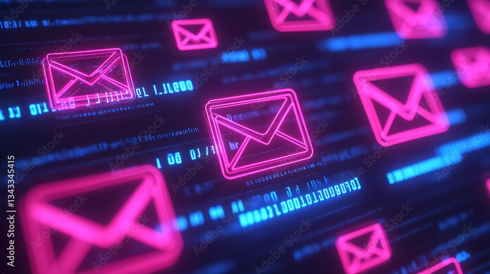 Poster neon email icons and binary code on dark background for digital communication concept