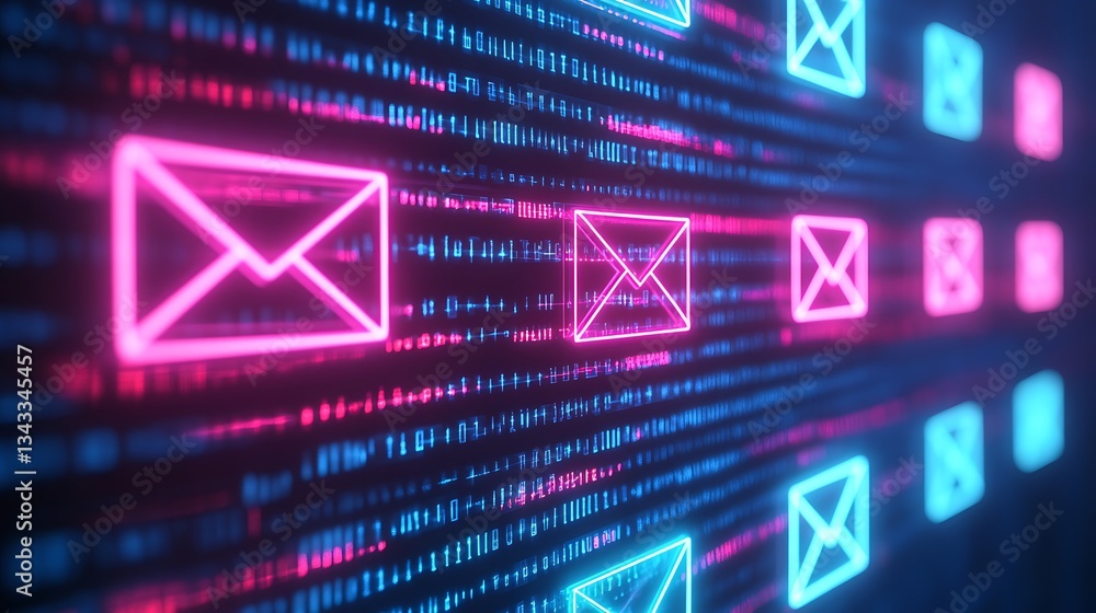 Poster Neon Email Icons as Digital Symbols in Abstract Technology Background with Binary Code and Glowing Effects