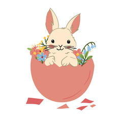 White background with a bunny in a broken pink egg, surrounded by colorful flowers and shell pieces, perfect for Easter crafts.