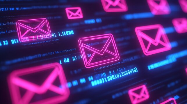 Neon Email Icons and Binary Code on Dark Background for Digital Communication Concept