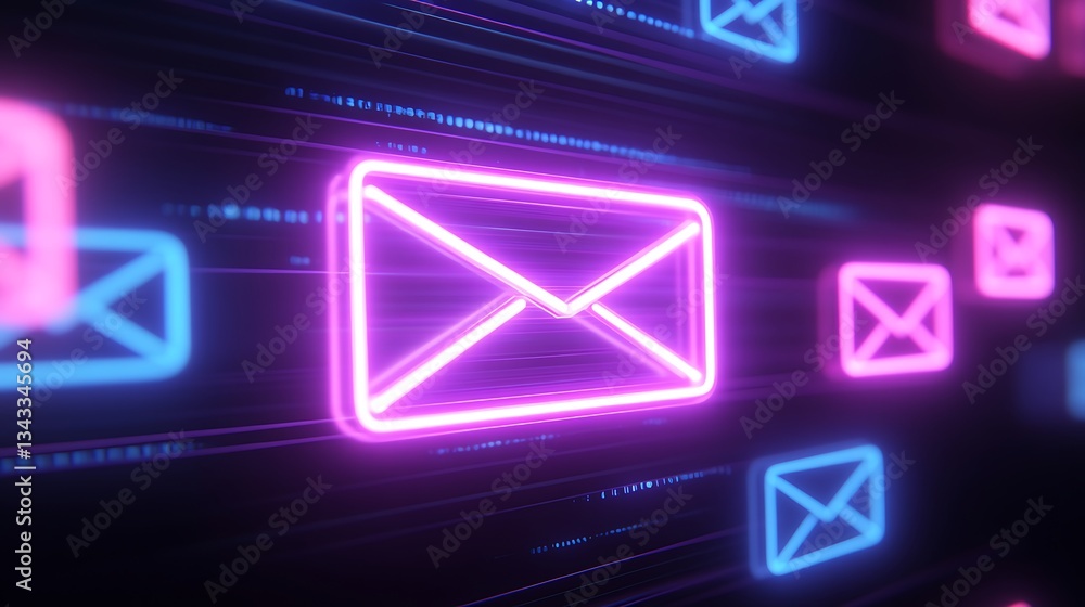 Poster neon email icons glowing in abstract digital background with motion blur and vibrant colors for comm