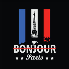 bonjour paris vector with eiffel tower and france flag colors for trendy fashion design © arisart17
