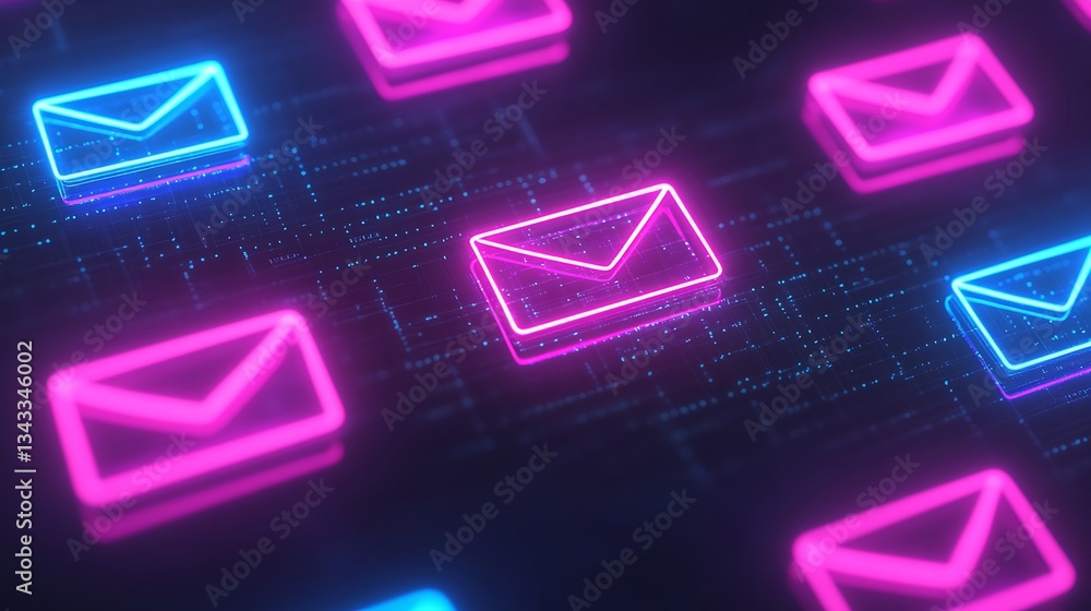 Poster neon email icons in pink and blue glowing lights with digital circuit background for tech and commun