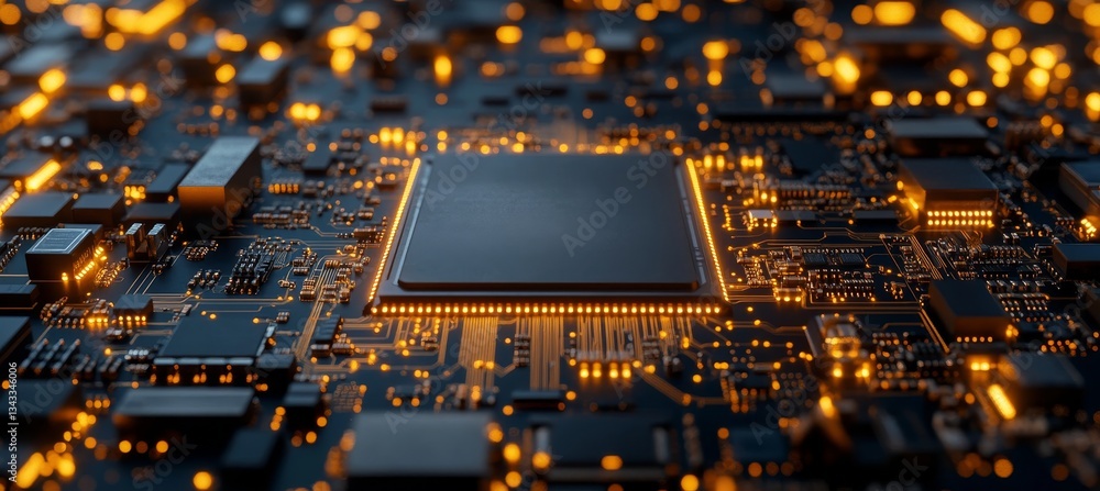 Poster artificial intelligence chip powers modern technology, circuit board with glowing nodes