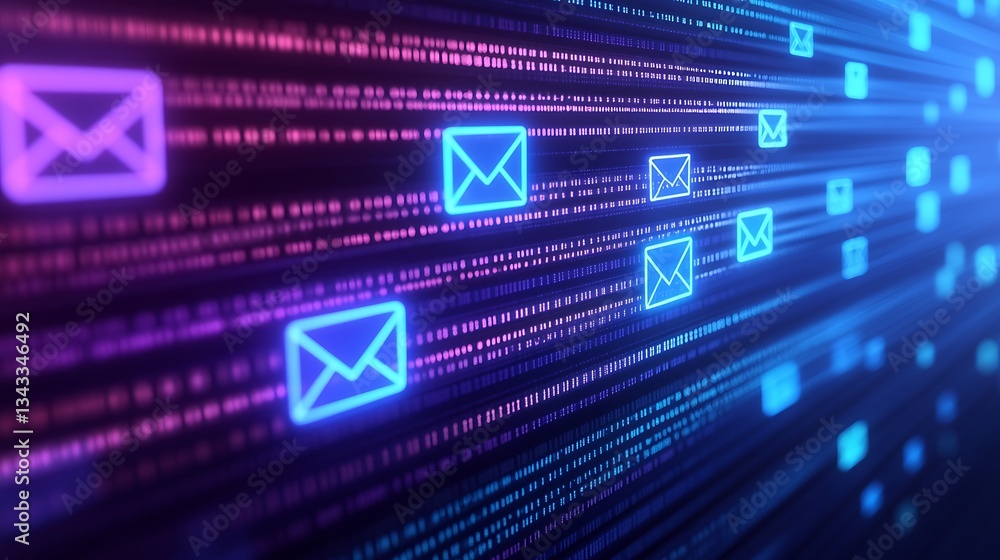 Poster neon email icons on abstract digital background representing communication technology and data trans