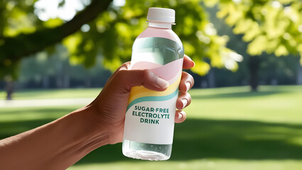 hand holding bottle of sugar-free electrolyte drink, showcasing a healthy and refreshing hydration
