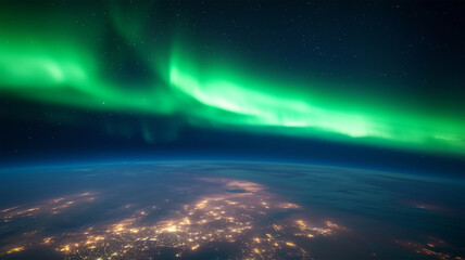 機上から眺める天空のオーロラと幻想的な夜景