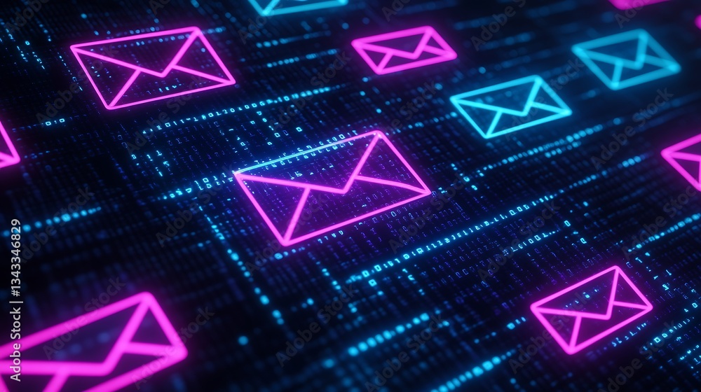 Poster neon email icons on digital background with data streams featuring modern technology and communicati