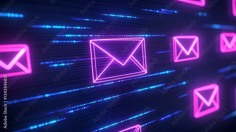 Poster neon email icons on digital background with glowing lines and futuristic design elements