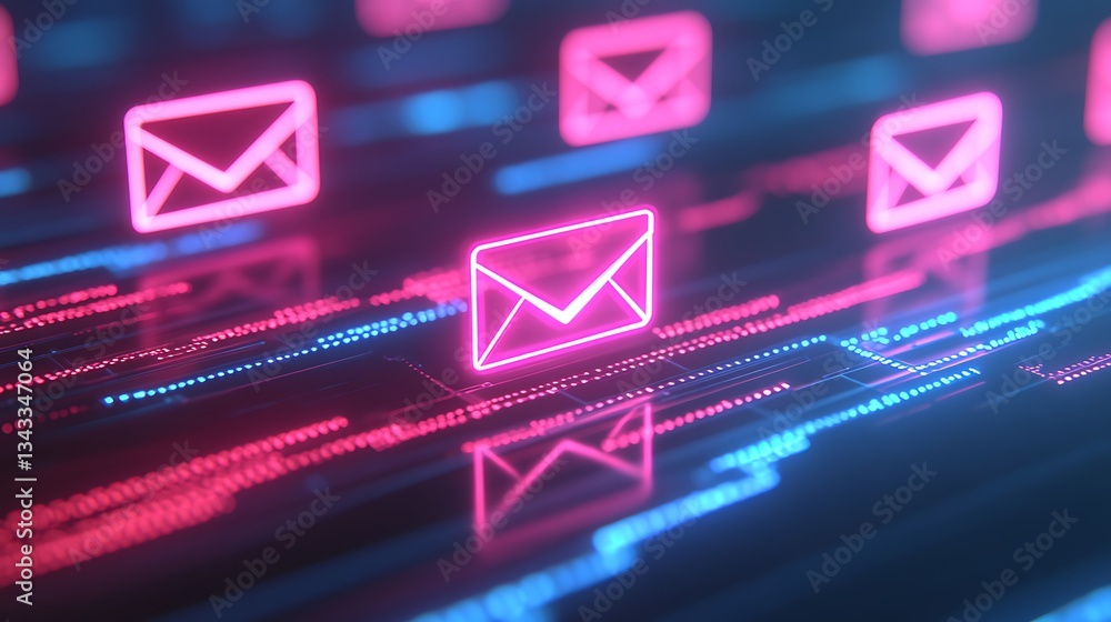 Poster neon email icons with abstract digital background concept for communication and technology themes