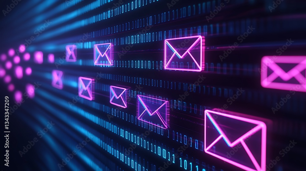 Poster Neon Email Icons with Binary Code Background in a Futuristic Digital Environment
