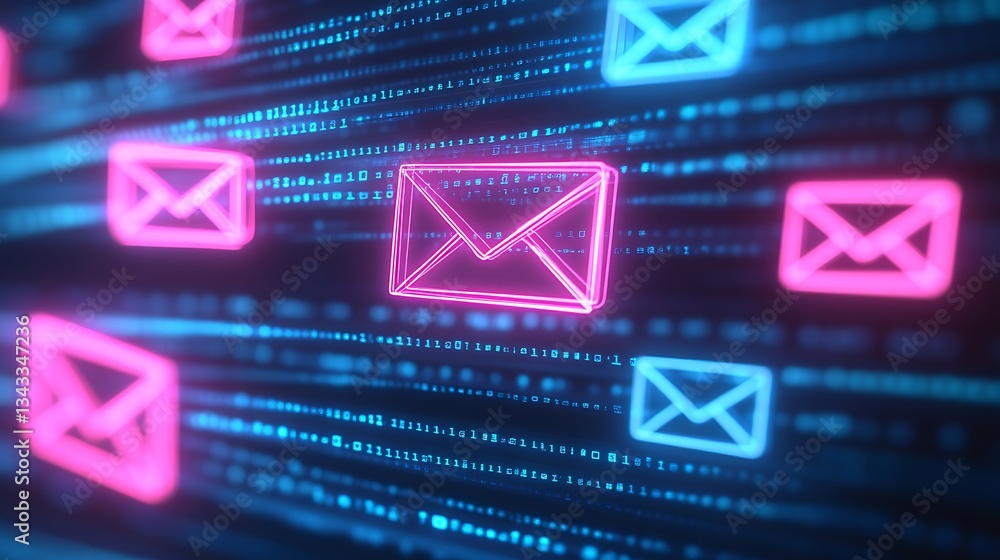 Poster neon email icons with binary code background representing digital communication and technology theme