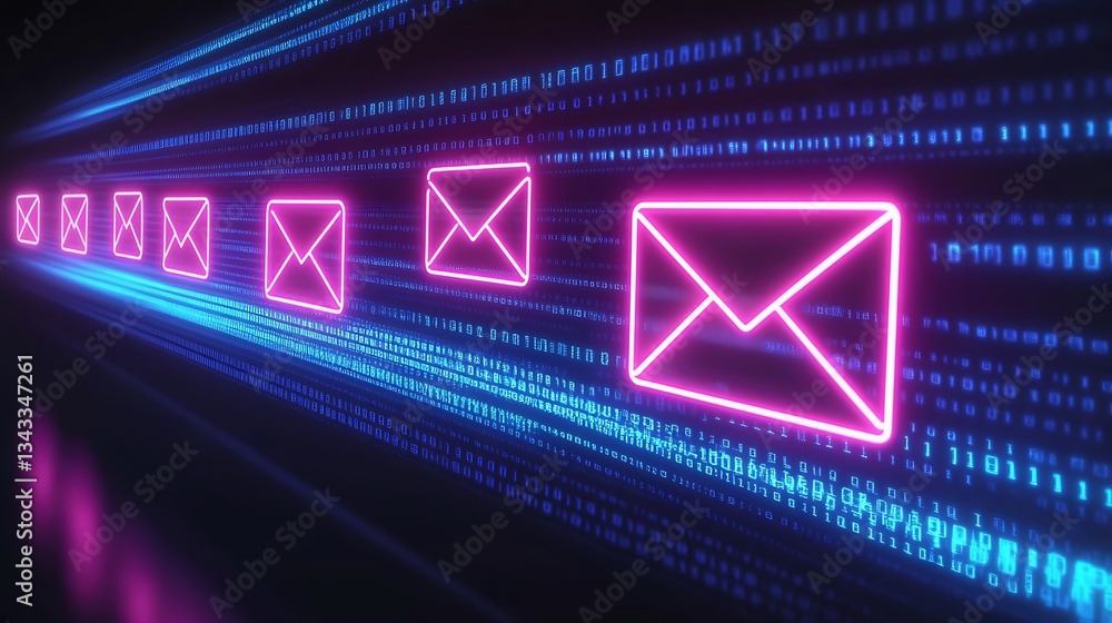 Poster Neon Email Icons with Binary Code in Background Representing Digital Communication and Technology Innovation