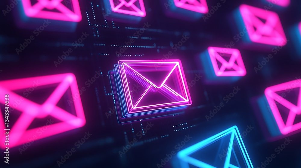 Aufkleber neon email icons with digital background for communication and technology concepts in modern design