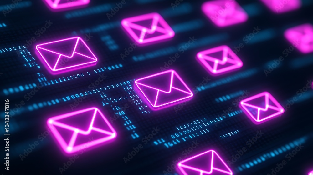 Poster neon email icons with digital code background for communication and technology concepts