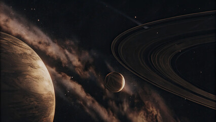 A glowing planetary disk floating in deep space, surrounded by cosmic nebulae and distant stars, offering a serene and vast celestial background with room for text or design elements.