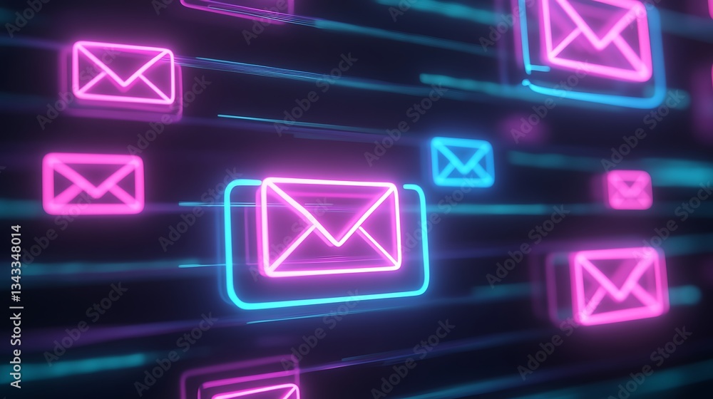 Poster neon email icons with glowing effect on dark background for digital communication and technology the