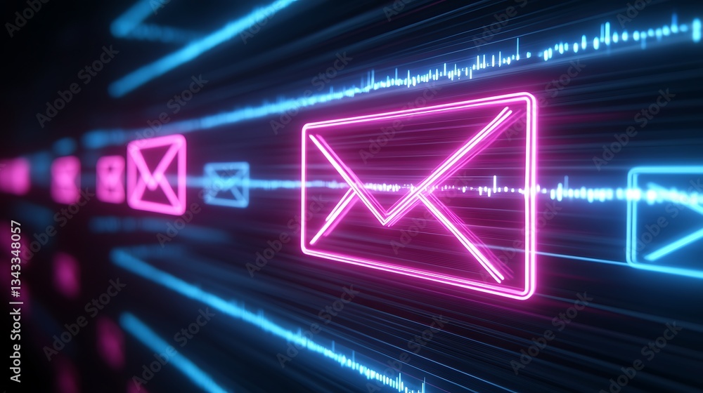 Aufkleber neon email icons with glowing lines representing digital communication and technology in a modern ba
