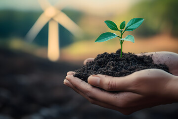 hand holding small tree for planting. concept green world earth day	