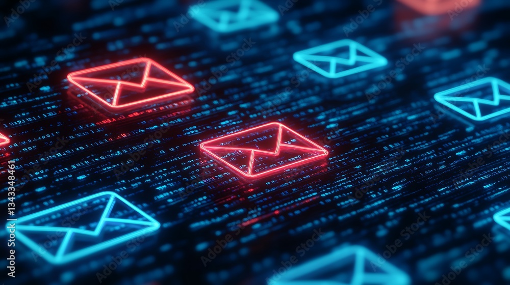 Poster neon email symbols glowing on a digital background with binary code and vibrant lights