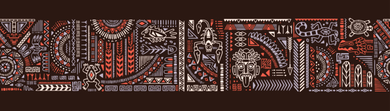 Repeatable pattern of ancient tribal ornament. Endless border with abstract ethnic symbols, Aztec elements. Line background with Mexican wall arts, Maya signs. Flat seamless vector illustration
