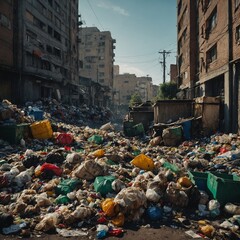 Overwhelming amount of scattered trash fills a narrow city street, overflowing from bins and creating a sense of urban decay.